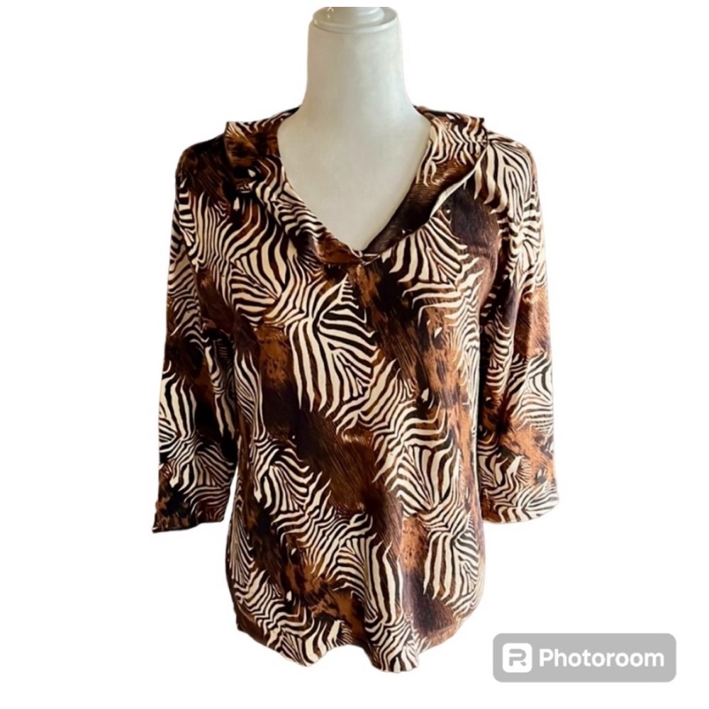 Joseph A. Silk Blend Brown Cheetah Print Apron Collar Blouse Size L